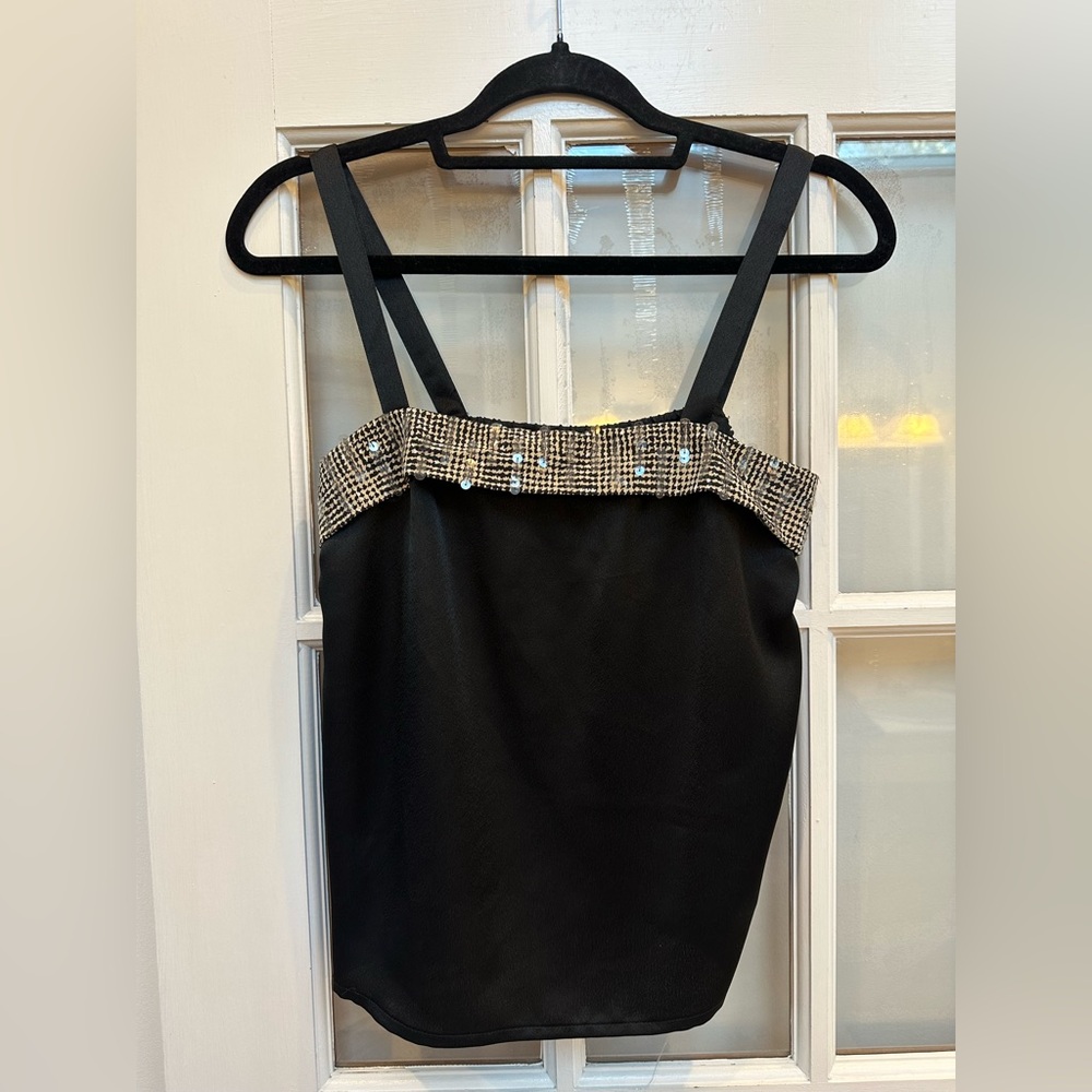 Vintage Nolan Miller 1980’s Black Camisole Houndstooth Sequin Trim Size 6 Small